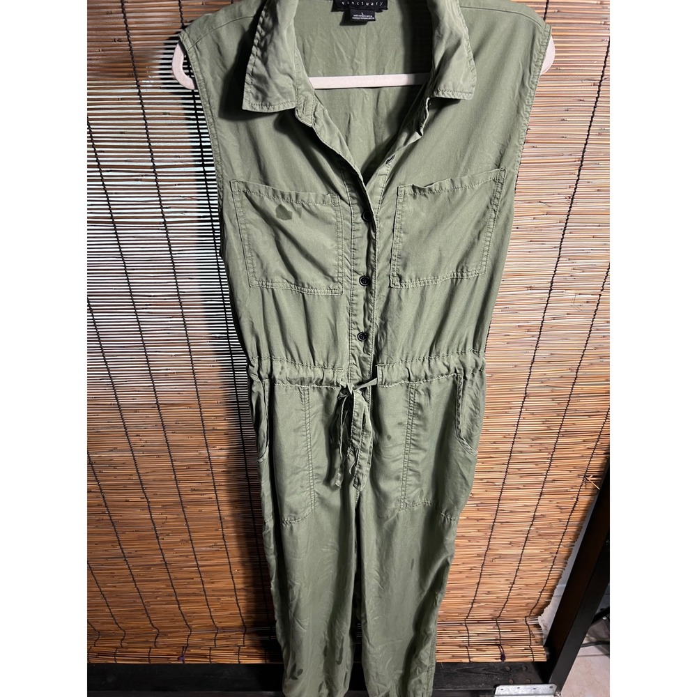 Sanctuary Olive Green Utility Jumpsuit Sleeveless Lyocell Button Front Large